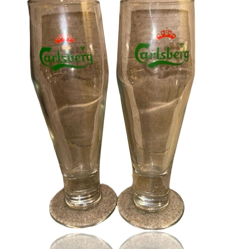 Vintage Carlsberg Footed Pilsner Beer Glasses Set of 2